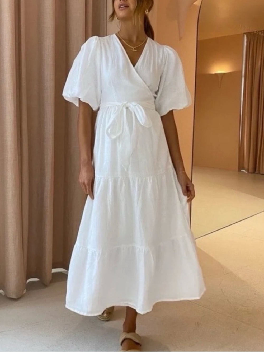 NWT Faithfull The Brand Edee Linen Wrap Midi Dress in White Size 6
